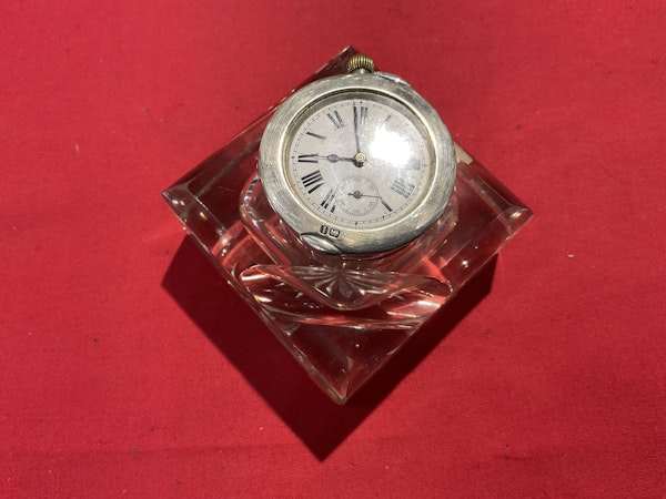 A silver and glass inkwell with a watch inserted - image 4