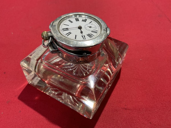 A silver and glass inkwell with a watch inserted - image 2