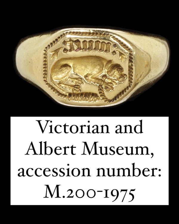 Gold signet ring engraved with a faithful hound. English, late 16th century. - image 9