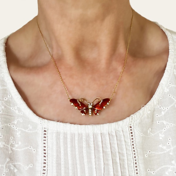 Modern Red Enamel, Diamond And Gold Butterfly Pendant - image 4