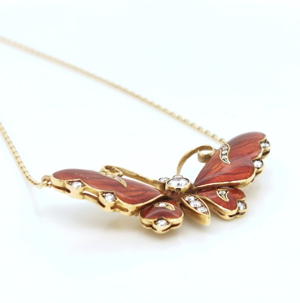 Modern Red Enamel, Diamond And Gold Butterfly Pendant - image 5