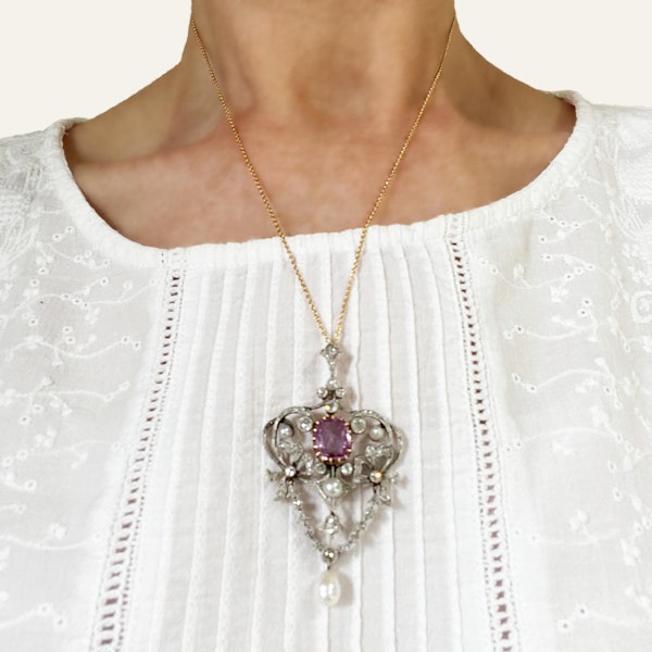 Modern Belle Epoque Style Pink Sapphire, Pearl, Diamond, Silver and Gold Pendant - image 2