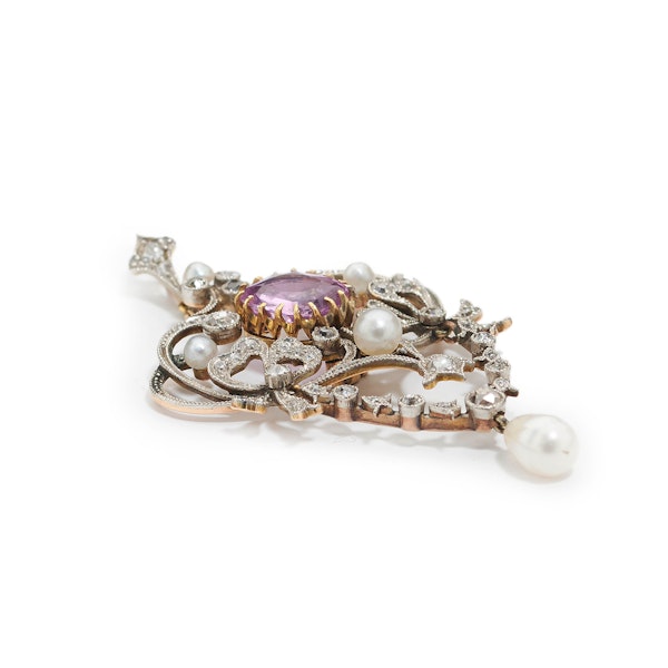 Modern Belle Epoque Style Pink Sapphire, Pearl, Diamond, Silver and Gold Pendant - image 3