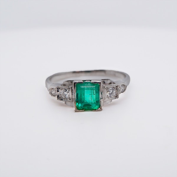 Art Deco gold and platinum 5 stone emerald and diamond ring - image 2