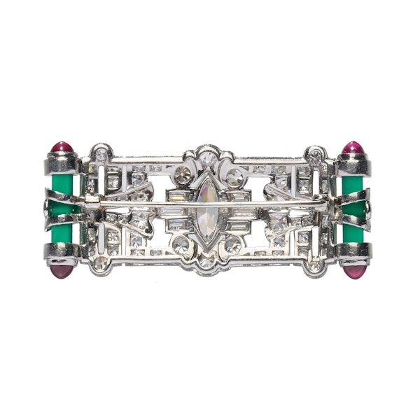 Art Deco Style Diamond, Green Agate, Ruby And Platinum Brooch, 1.95 Carats - image 3