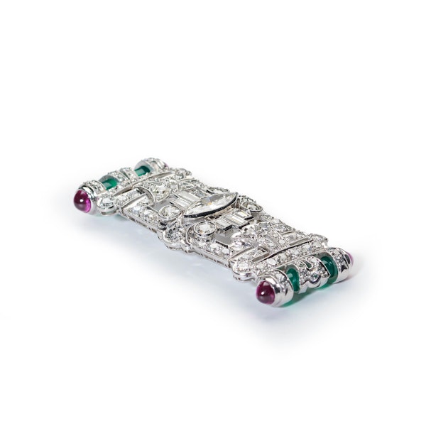 Art Deco Style Diamond, Green Agate, Ruby And Platinum Brooch, 1.95 Carats - image 2