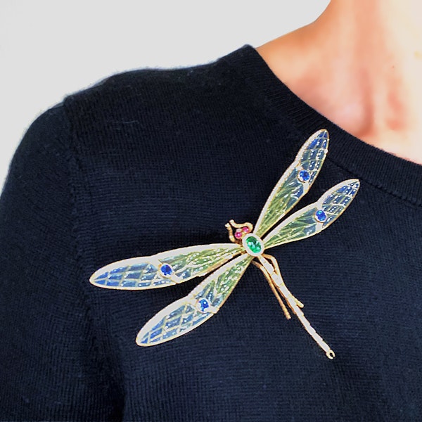 Modern Plique À Jour Enamel, Emerald, Sapphire, Diamond, Ruby And Gold Dragonfly Brooch - image 2