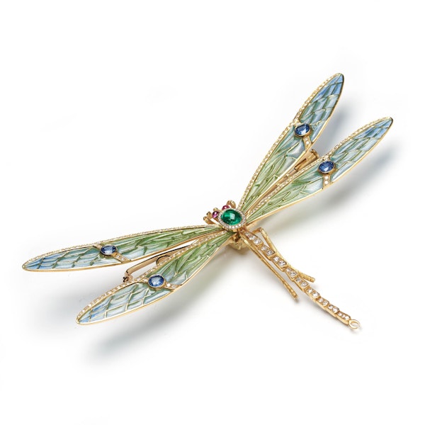 Modern Plique À Jour Enamel, Emerald, Sapphire, Diamond, Ruby And Gold Dragonfly Brooch - image 3