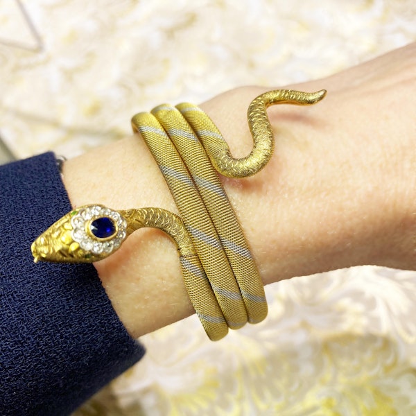 Vintage Sapphire, Diamond, Demantoid Garnet, Yellow And White Gold Snake Bangle, Circa 1965 - image 5