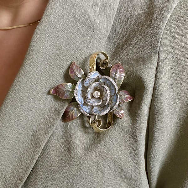 Moira Plique À Jour Enamel, Diamond, Gold And Silver Flower Brooch - image 3