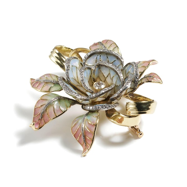 Moira Plique À Jour Enamel, Diamond, Gold And Silver Flower Brooch - image 4
