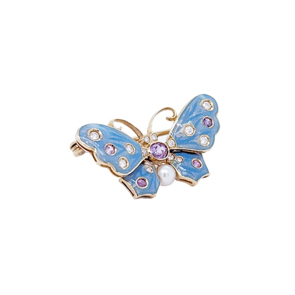 Light Blue Enamel, Purple Sapphire, Pearl And Diamond Butterfly Brooch - image 3