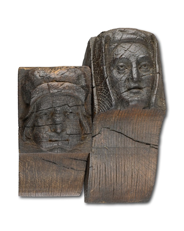 Fine pair of oak corbels of a man and a woman. English, 15th - 16th century. - image 1