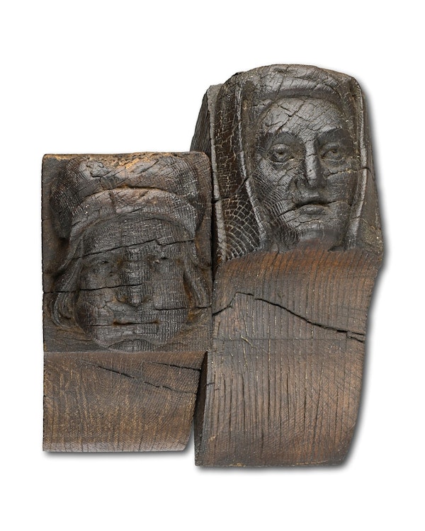 Fine pair of oak corbels of a man and a woman. English, 15th - 16th century. - image 9