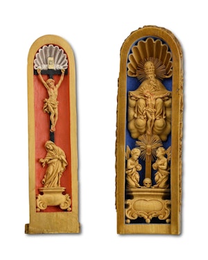 Pilgrims retable in finely carved boxwood. Germany, Bohemia, early 18th century.