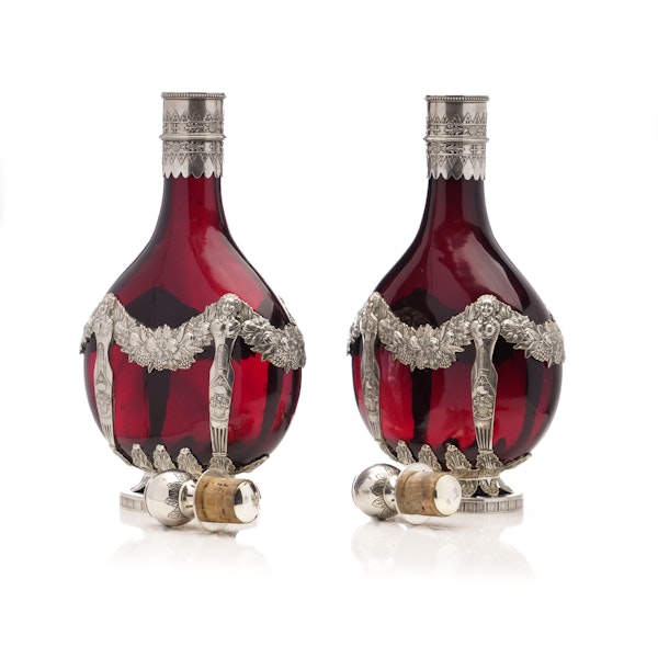 Pair of 19th century German Sliver and red glass decanters, c.1880s - image 7