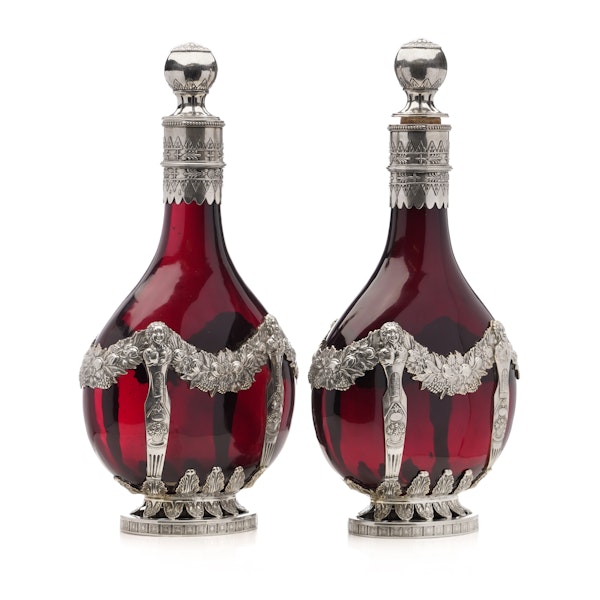 Pair of 19th century German Sliver and red glass decanters, c.1880s - image 2