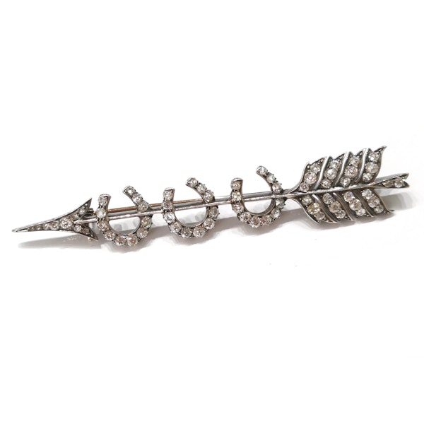Victorian Diamond And Silver Upon Gold Triple Horseshoe And Arrow Brooch, Circa 1880, 4.80 Carats - image 2