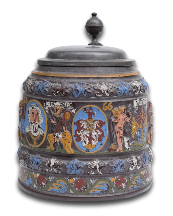 Pewter mounted stoneware tankard dated 1666. Creussen, Bavaria, 19th century. - image 1