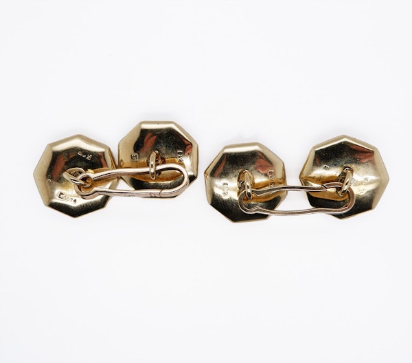 Art Deco 14 ct. gold enamel, onyx, pearl  and chrysoprase cufflinks - image 2