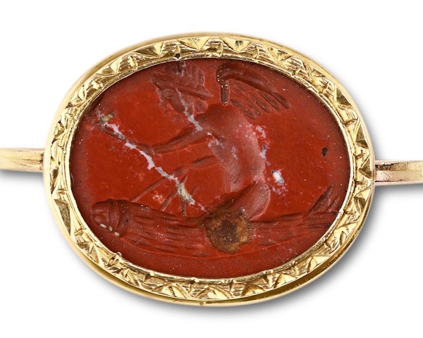 Gold ring with a rare ancient jasper intaglio of Eros riding a giant phallus. - image 2
