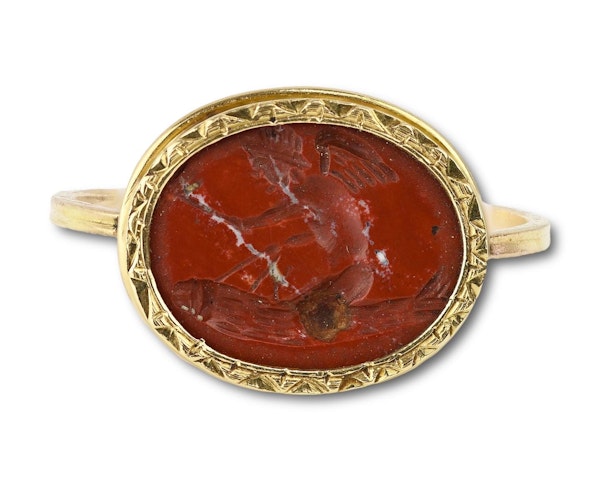 Gold ring with a rare ancient jasper intaglio of Eros riding a giant phallus. - image 3