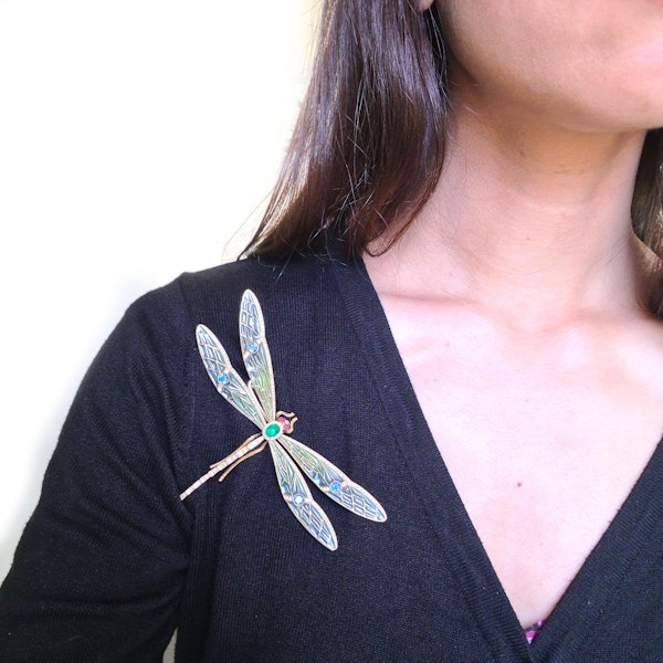Modern Plique À Jour Enamel, Emerald, Sapphire, Diamond, Ruby And Gold Dragonfly Brooch - image 5