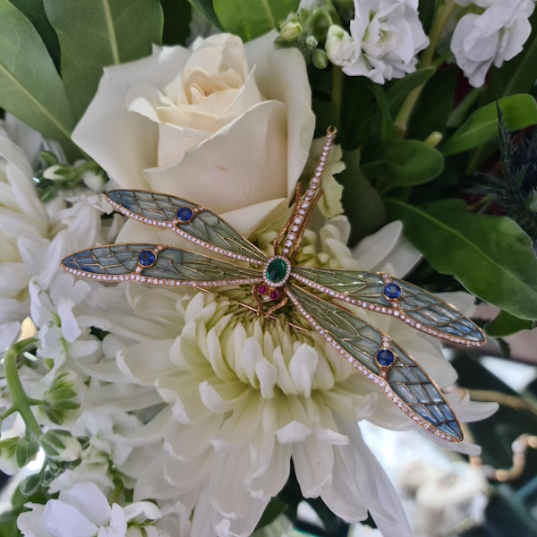 Modern Plique À Jour Enamel, Emerald, Sapphire, Diamond, Ruby And Gold Dragonfly Brooch - image 6