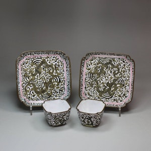 Pair of Chinese Canton enamel cups and saucers, 18th century