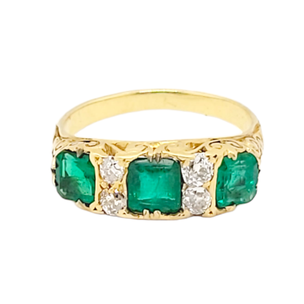 Antique emerald and diamond three stone carved half hoop ring SKU: 6821 DBGEMS - image 1