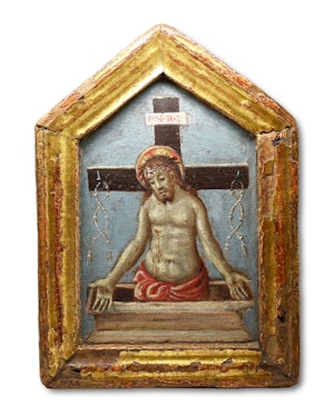 Gilt wood pax painted with the resurrected Christ. North Italian, 15th century.