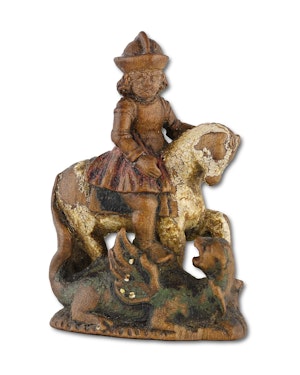 Miniature chess piece of Saint George slaying the dragon. German, 16th century.
