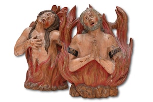 Polychromed sculptures of souls burning in purgatory. South German, 17th century