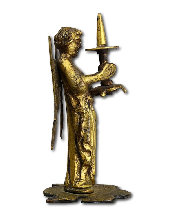 Medieval gilt bronze sculpture of a torchere bearing angel. French, circa. 1300. - image 3