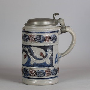 German moulded tankard with pewter lid, 18th century