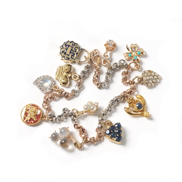 Vintage Gemstone, Enamel, Gold And Platinum Charm Bracelet - image 1