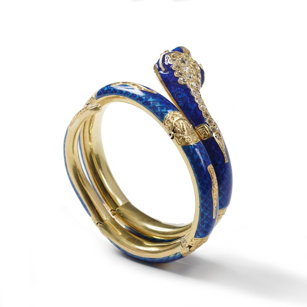 Antique Blue Enamel, Diamond, Ruby And Gold Snake Bangle, Circa 1860 - image 3