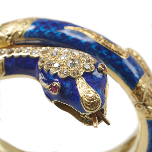 Antique Blue Enamel, Diamond, Ruby And Gold Snake Bangle, Circa 1860 - image 5