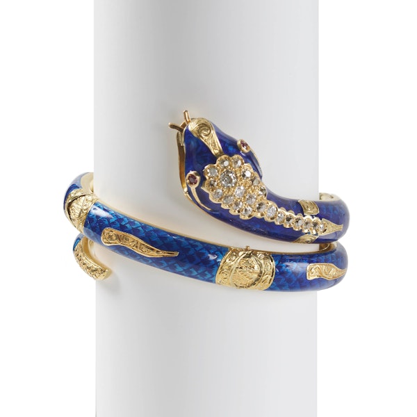 Antique Blue Enamel, Diamond, Ruby And Gold Snake Bangle, Circa 1860 - image 4