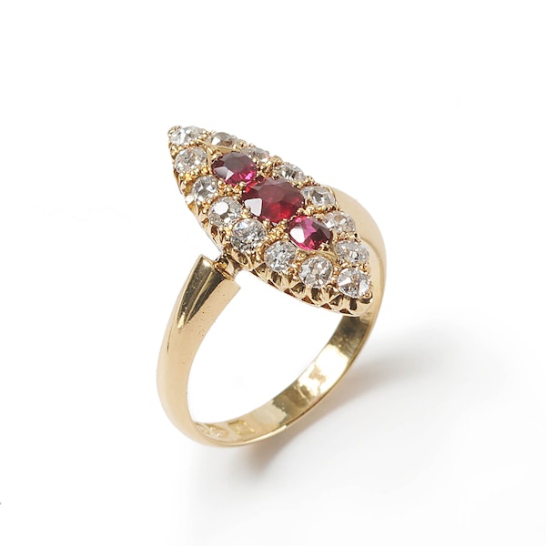 Antique Ruby, Diamond And Gold Navette Shaped Cluster Ring, Chester Hallmark, 1901 - image 2