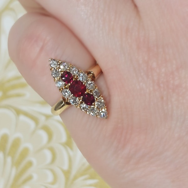 Antique Ruby, Diamond And Gold Navette Shaped Cluster Ring, Chester Hallmark, 1901 - image 4