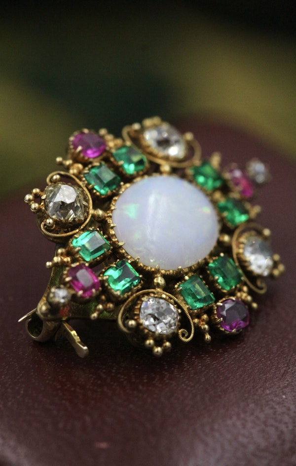 A very finely worked Opal, Colombian Emerald, Burmese Ruby & Diamond, 18ct Yellow Gold Brooch, attributed to Harvey & Gore (London). Circa 1890. - image 2