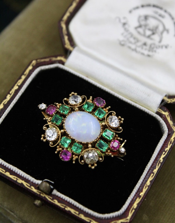 A very finely worked Opal, Colombian Emerald, Burmese Ruby & Diamond, 18ct Yellow Gold Brooch, attributed to Harvey & Gore (London). Circa 1890. - image 1