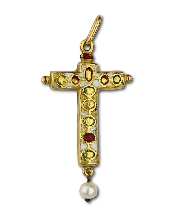 Gold and enamel cross pendant set with table cut emeralds.  Spanish, early 17th century. - image 3