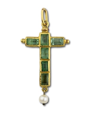 Gold and enamel cross pendant set with table cut emeralds.  Spanish, early 17th century.