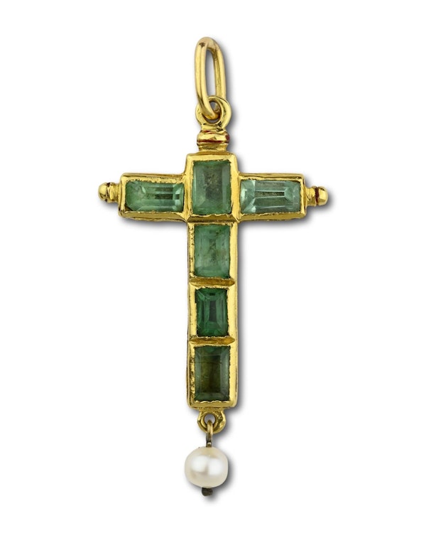 Gold and enamel cross pendant set with table cut emeralds.  Spanish, early 17th century. - image 1