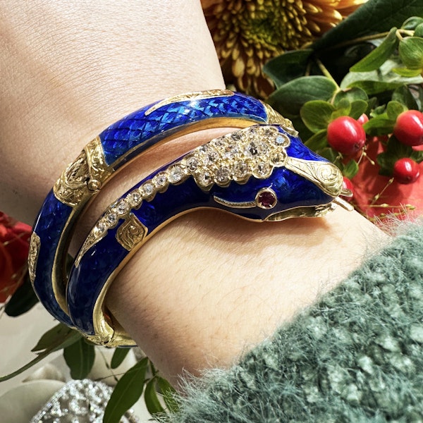 Antique Blue Enamel, Diamond, Ruby And Gold Snake Bangle, Circa 1860 - image 6