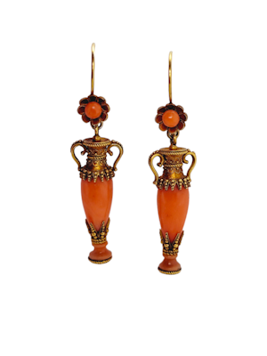 Archaeological revival coral and gold amphora earrings SKU: 7040 DBGEMS