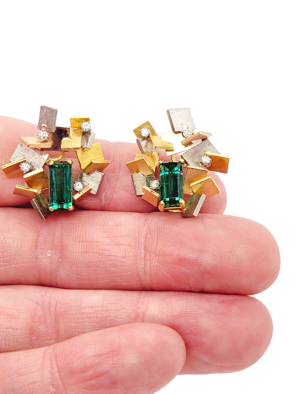 Brutalist 3 colour gold, diamond and tourmaline earrings SKU: 7049 DBGEMS - image 2