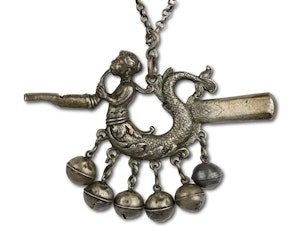 Silver gilt mermaid rattle and whistle. North European, mid 18th century.
